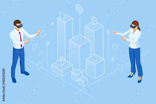 Isometric metaverse concept. Network of 3D virtual worlds focused on social connection. Internet as a single, universal virtual world. Virtual reality