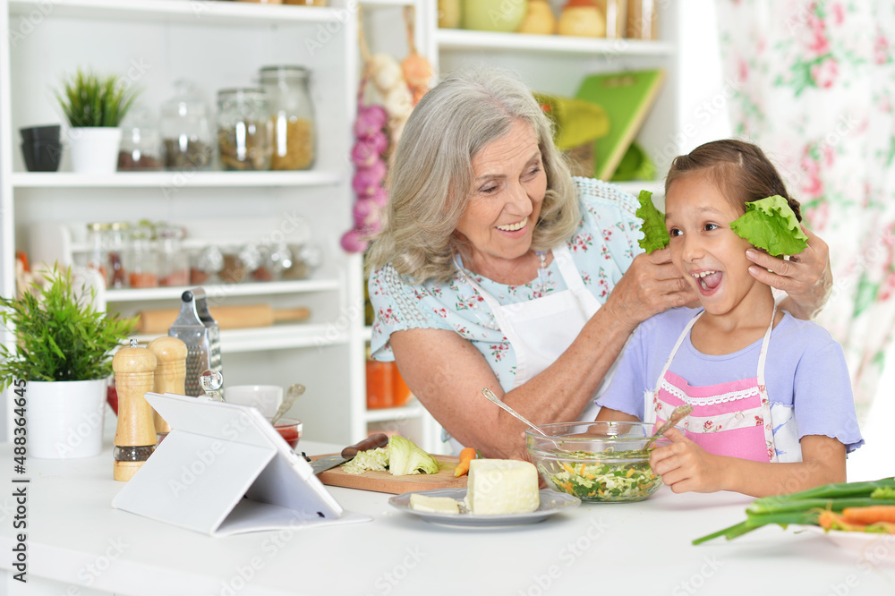Portrait of happy senior woman with her little grand daughter at kitchen