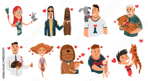 People and pets. Cat, dog and rabbit pet owner characters. Man and womans holding on hands his animals. Peoples love his animals. Cute and adorable domestic animals