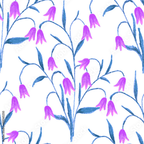 Creative seamless pattern with abstract flowers drawn with wax crayons. Bright colorful floral print. 