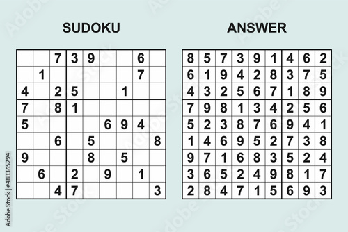 Vector sudoku with answer 456. Puzzle game with numbers.