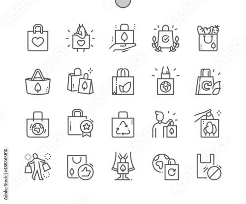 Eco bags. No plastic. Eco friendly. Recycling. Store and shopping. Pixel Perfect Vector Thin Line Icons. Simple Minimal Pictogram