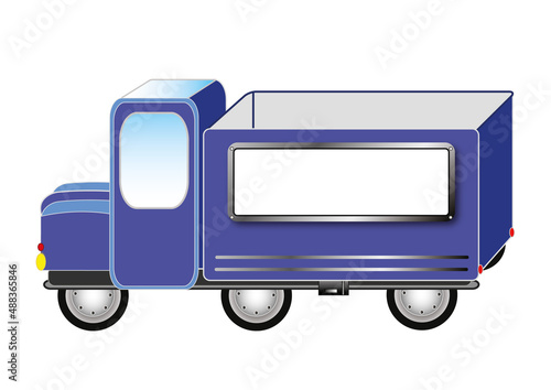 Childish image of a construction worker transporting a blue car. Transportation work truck with billboard frame for your text in vector and jpg format.