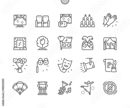 Scenic arts. Stage costume. Theater and audience. Flower bouquet. Pixel Perfect Vector Thin Line Icons. Simple Minimal Pictogram
