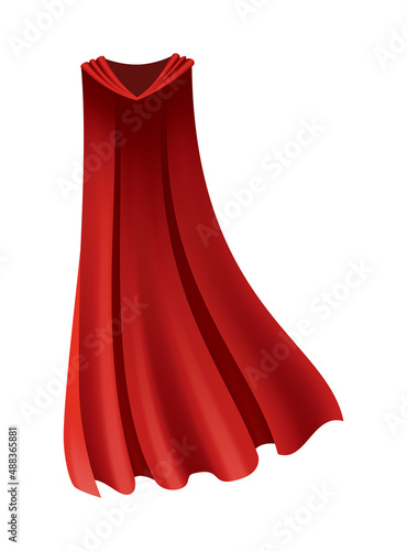 Superhero red cape. Scarlet fabric silk cloak in front view. Carnival masquerade dress, realistic costume design. Flying Mantle costume