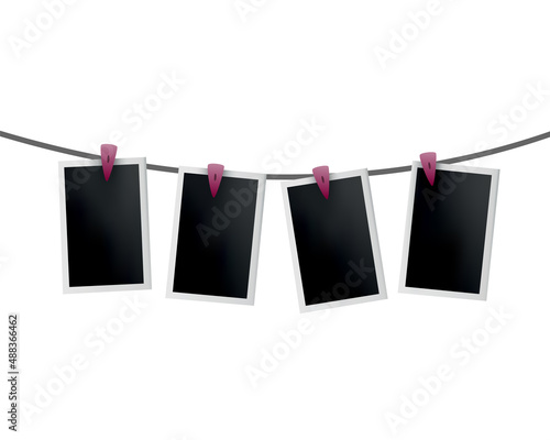 Photo frames hanged on rope. Retro instant photos on thread. Card frame image mockup, vector set. Icon design template. Remember the moment