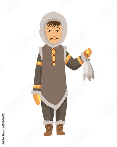 Polar eskimo character. Indigenous fisherman wearing traditional warm clothes. Person with caught fish. Traditional ethnic character