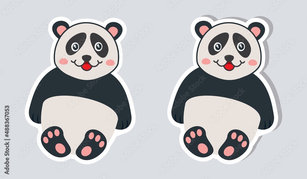 Stickers with shadow of a cute and young panda with smile on a coloured background