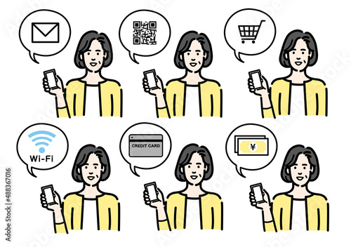 スマートフォンを持って説明をしている中年女性のセット
