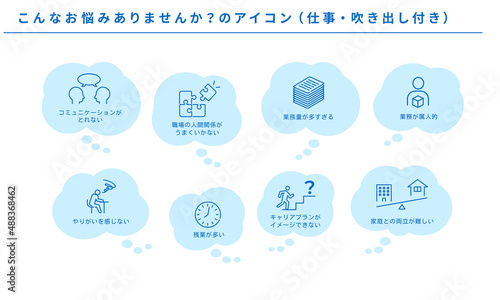 こんなお悩みありませんか？のアイコンセット（仕事）、吹き出し付き、ベクター