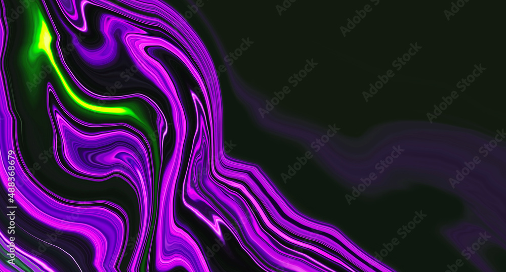 Bright fluid violet, black and neon textured background. Abstract liquid purple pink wave. Art trippy luxury digital screen. Fantasy Backdrop. Royal glitter banner. Template. Virtual reality. NFT card
