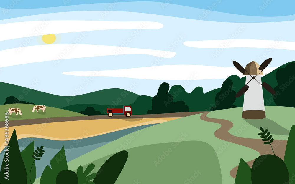 farm, agriculture, fields and truck are shown in the picture, landscape, flat illustration