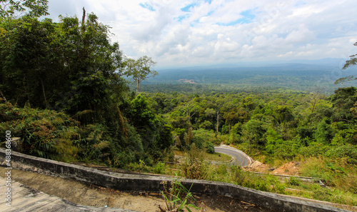 Khao Yai, national park, Thailand. Road, trees, and hills, view from above. Nature paradise, background.