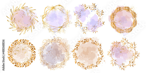 Set of circular gold floral frames with different grasses, ferns and leaves with watercolor style. Flower wreaths. Element design. Vector illustration. Flora. Colorful. Many decorative elements.