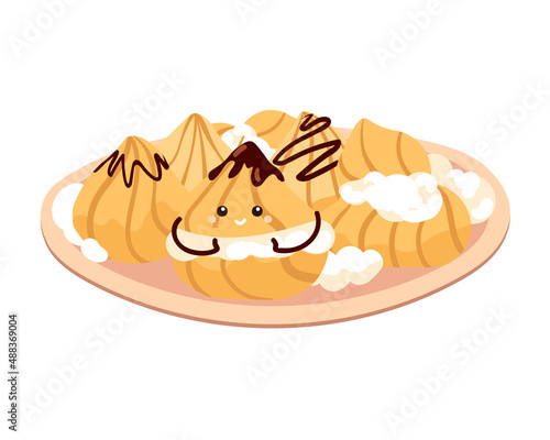 Illustration of cartoon profiteroles with cream and glaze on plate. Funny cartoon characters profiteroles