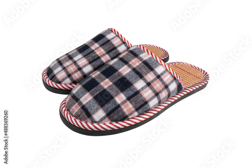 Pair of house slippers isolated on white background.