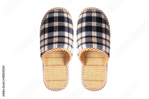 Pair of house slippers isolated on white background.