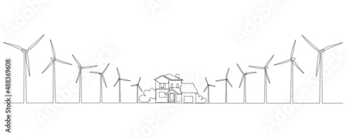 Wind farm turbines and windmill with family house in One continuous line drawing. Green energy and renewable source of power concept in simple linear style. Editable stroke.Doodle vector illustration