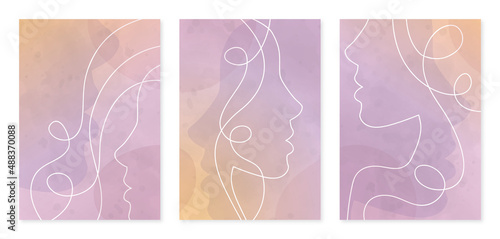 Watercolor line art abstract woman face minimal design set