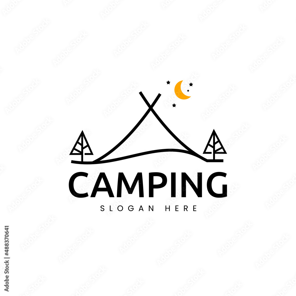 Fototapeta premium Camping logo in line style, moon and stars in the sky minimalist vector illustration