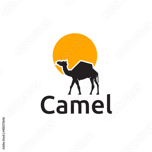 Desert camel silhouette logo under the sun circle, vector illustration design
