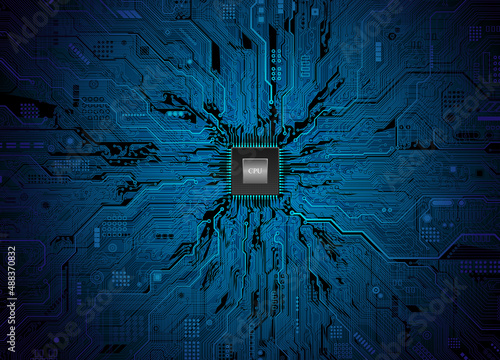 CPU Chip on Motherboard. Central Computer Processors CPU concept. Quantum computer, large data processing, database concept. Futuristic microchip processor. Digital chip.