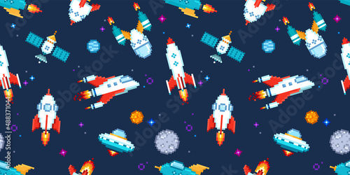 Pixel art Rockets and Spaceships - vector seamless pattern. Cartoon spaceship shuttle design in retro 8 bit video game style. Background for print fabric, textile design, wrapping paper or wallpaper