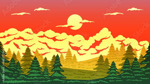 sunset over hills and pine trees vector landscape illustration