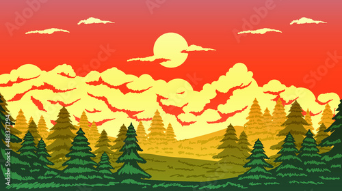 sunset over hills and pine trees vector landscape illustration