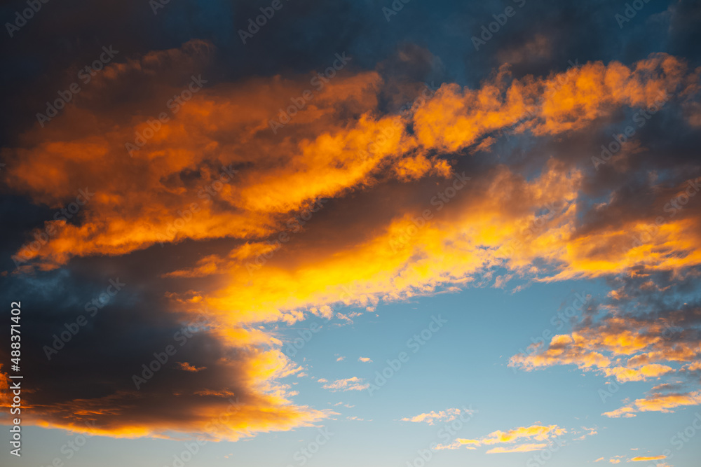 Natural landscape. Beautiful cloudy sky at sunset.