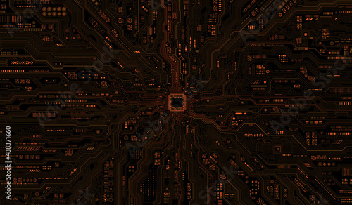 CPU Chip on Motherboard. Central Computer Processors CPU concept. Quantum computer, large data processing, database concept. Futuristic microchip processor. Digital chip.