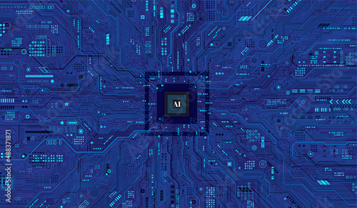 CPU Chip on Motherboard. Central Computer Processors CPU concept. Quantum computer, large data processing, database concept. Futuristic microchip processor. Digital chip.