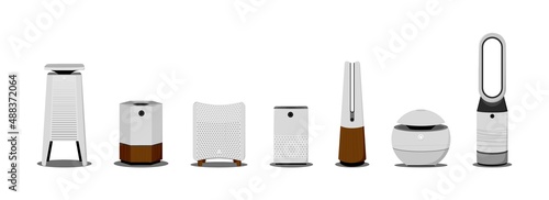 Air purifiers and humidifiers set. Home devices for air filtration. Vector illustration in a flat style