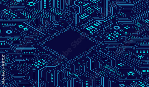 CPU Chip on Motherboard. Central Computer Processors CPU concept. Quantum computer, large data processing, database concept. Futuristic microchip processor. Digital chip.