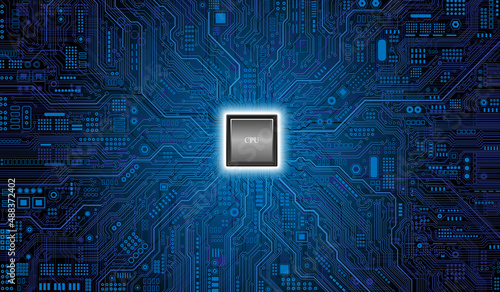 CPU Chip on Motherboard. Central Computer Processors CPU concept. Quantum computer, large data processing, database concept. Futuristic microchip processor. Digital chip.