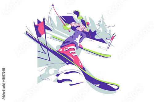 Skiing pro guy character in mountains on ski tool