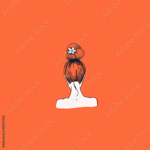 girl with a beam on his head with flower. nape of girl with hairstyle. vector linear illustration