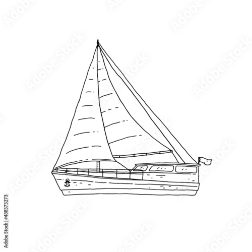 Sea sailboat yacht line art. Modern ship with sails doodle black white sketch isolated illustration.