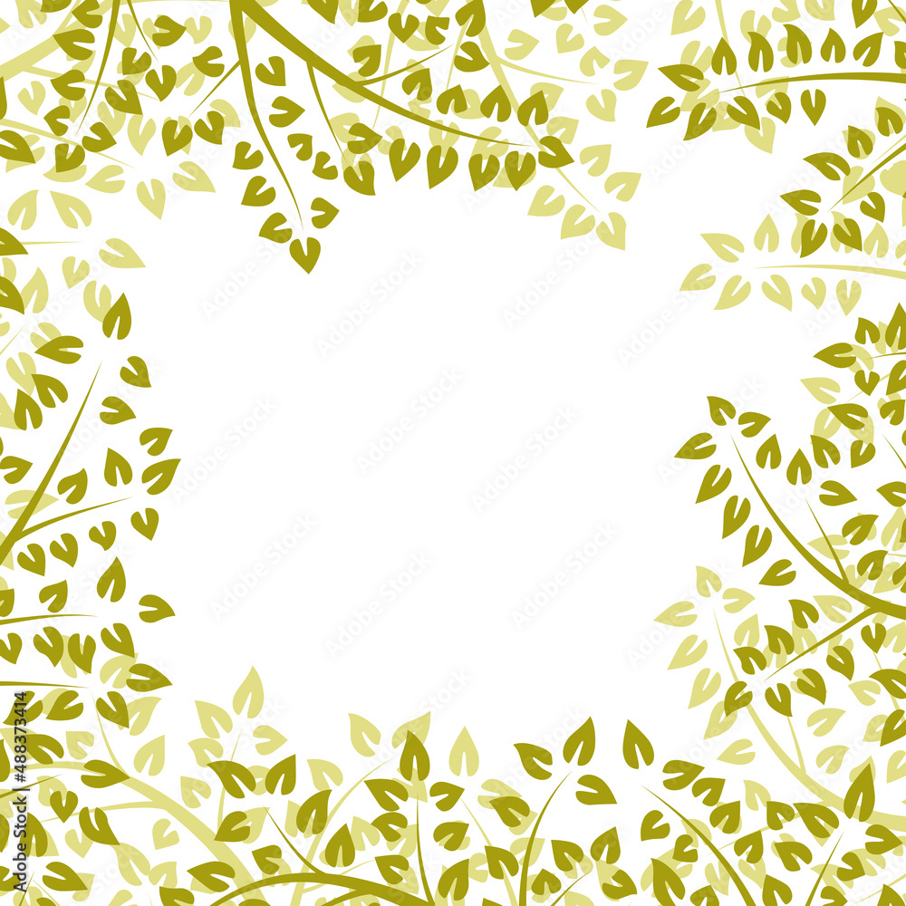 Bordered square frame from forest bounded at the edges by stylized branches with leaves.