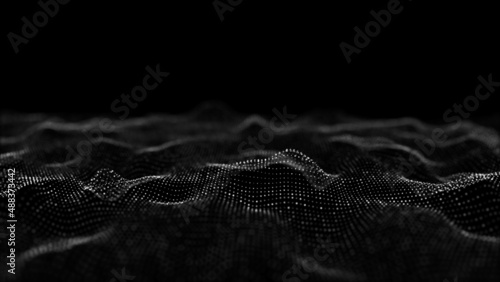 Futuristic digital wave. Dark cyberspace. Abstract wave with dots and line. White moving particles on background. 3d rendering.