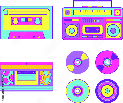 set of technology from the 90s, cassette, CDs, VHS tapes, and boom boxes. collection of various vintage audio tapes on white background. retro vector illustration EPS 10 editable