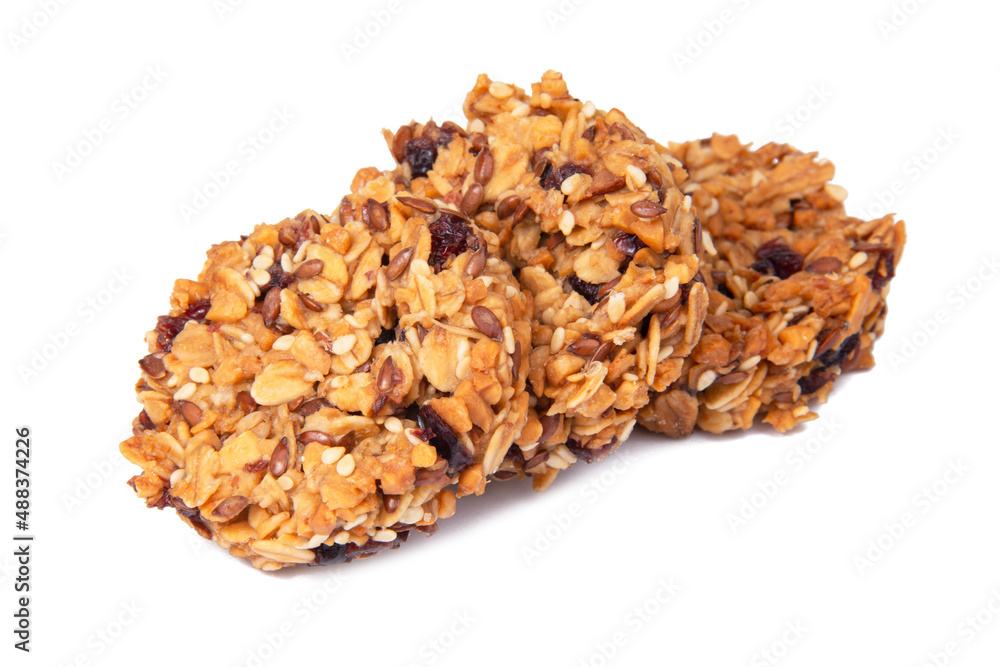 Cereal snack cookies no sugar with honey oatmeal grain isolated on the white Cereal snack cookies no sugar with honey oatmeal grain isolated on the white