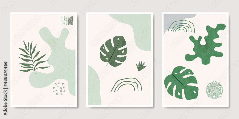 Minimalist abstract hand drawn vector posters. Contemporary wall art with organic natural shapes, leaves. Modern art