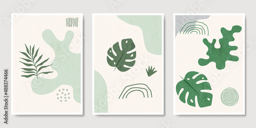 Minimalist abstract hand drawn vector posters. Contemporary wall art with organic natural shapes  leaves. Modern art