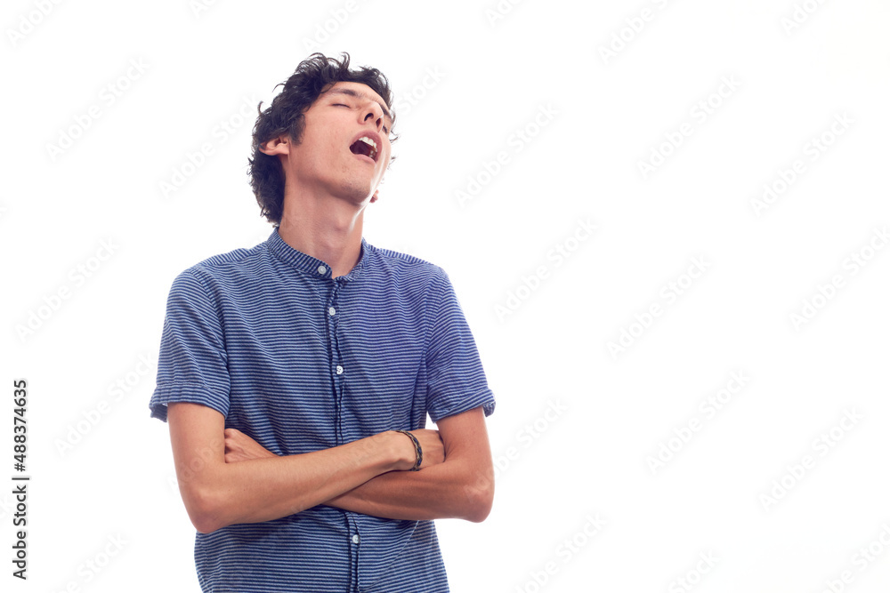 Fototapeta premium Young man with bored and asleep. Isolated white background.
