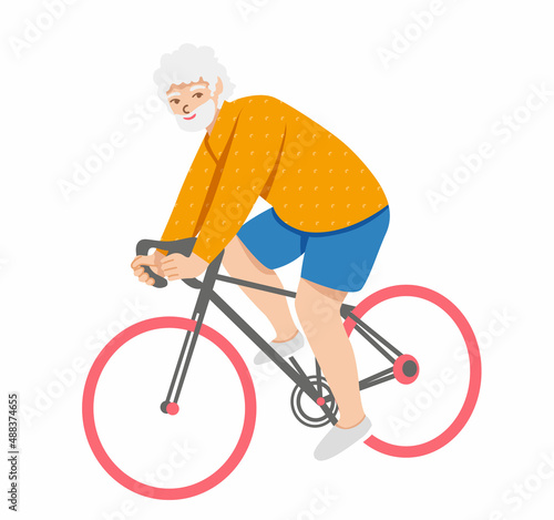 aged man with gray hair rides a bicycle. Illustration on the theme of active recreation of pensioners and old people. 