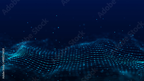 Abstract technology wave of particles. Big data visualization. Background with motion dots. Artificial intelligence. © Flow 37