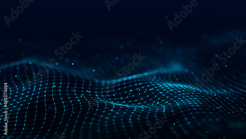 Abstract technology wave of particles. Big data visualization. Background with motion dots. Artificial intelligence. © Flow 37