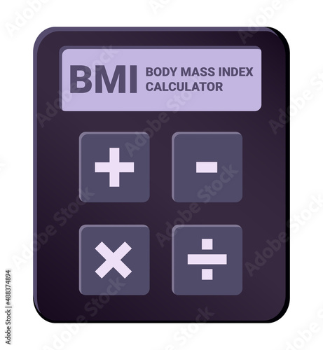 Vector illustration or icon of BMI body mass index calculator isolated on a white background. BMI is derived from the mass or weight and height. Underweight, normal weight, overweight, obese category.
