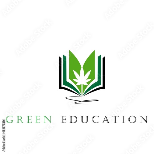 The education of hemp logo with book and hemp leaf symbol.